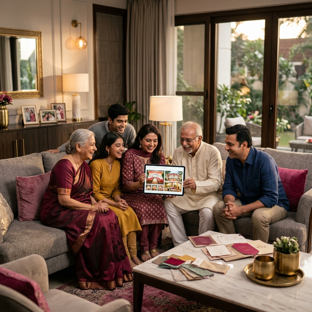 Indian family happily planning a lavish event on Zelybra